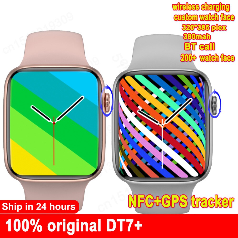 원래 DT7 + 스마트 워치 남자 IWO 시리즈 7 여자 Smartwatch NFC BT 전화 전화 시계 음성 GPS 추적자 무선 충전기 DT7 플러스